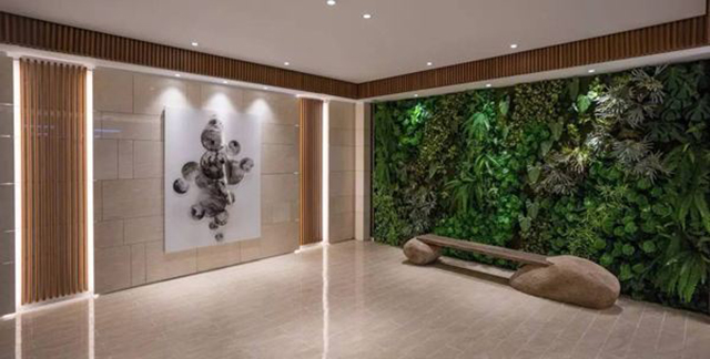 寫字樓地下車庫電梯廳仿真植物墻裝飾實景圖